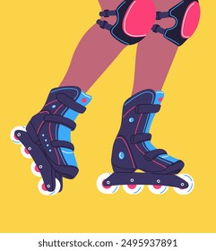 Adolescente patinaje sobre ruedas Vector ilustración plana. Patinador del muchacho en los patines en el fondo amarillo. Piernas de la persona en patines de rodillos modernos y protección de rodilla. Actividad deportiva juvenil de la calle de dibujos animados