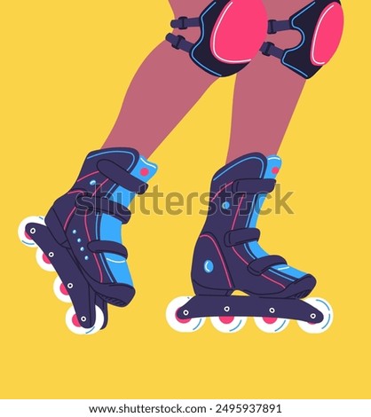 Teenager roller skating vector flat illustration. Boy skater on rollerblades on yellow background. Legs of person on modern roller skates and knee protection. Cartoon street youth sport activity