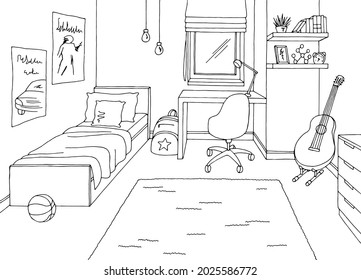 Teenager room graphic black white home interior sketch illustration vector