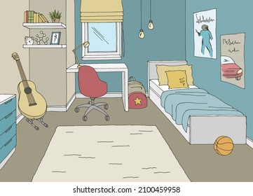 Teenager room graphic color home interior sketch illustration vector