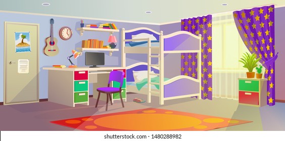 Teenager room interior design with trendy workspace for homework: table, chair, lamp, computer, stationery, books and bunk bed. Flat style vector illustration.