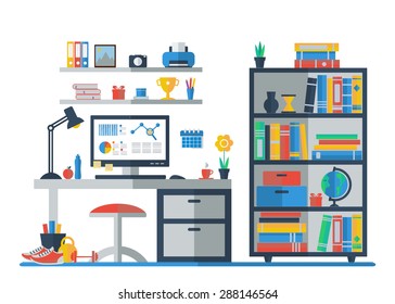Teenager room interior with furniture icon set. Flat style vector illustration.