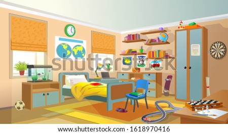 Teenager room. Interior with items. Vector illustration. Design of a children room.