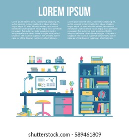 Teenager room with workplace. Room interior with furniture: table, computer, chair, lamp, bookshelf. Flat style vector illustration with place for your text. 
