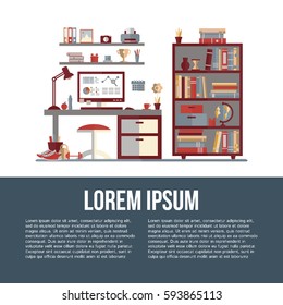 Teenager room with workplace. Room interior with furniture: table, computer, chair, lamp, bookshelf. Flat style vector illustration with place for your text. 