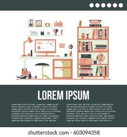 Teenager room with workplace. Room interior with furniture: table, computer, chair, lamp, bookshelf. Flat style vector illustration with place for your text. 