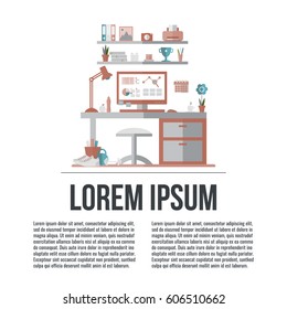 Teenager room with workplace. Room interior with furniture: table, computer, chair, lamp, bookshelf. Flat style vector illustration with place for your text. 