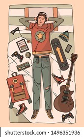 Teenager room. Young man lies on the bed. Things. Guitar, backpack, game, phone, etc. Vector cartoon illustration. Character design.