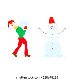 Teenager in santa hat and mittens playing with a snowman in a cartoon style isolated on white background