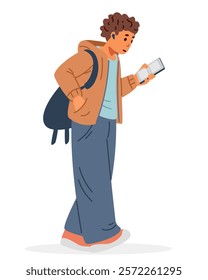 Teenager school boy with backpack walking playing smartphone flat vector illustration isolated on white.