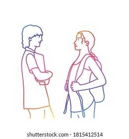 Teenager school children, great design for any purposes. Isolated white background.  Vector line.