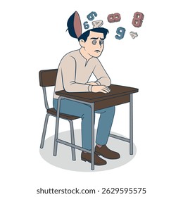 A teenager at a school desk. A metaphor for a difficult math exam. vector flat illustration