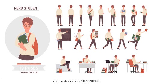 Teenager school student poses vector illustration set. Cartoon intelligent smart casual boy character with glasses, backpack and books studying and posing in front, side or back view isolated on white