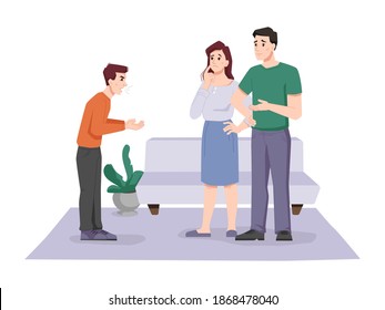 Teenager screaming at parents isolated caucasian teen, family conflict. Vector guy expresses emotion of anger on his mother and father in living room. Frustrated, scared or shocked aggressive son