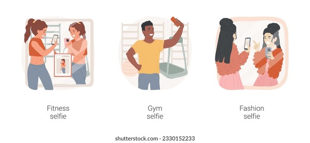 Teenager self-admiration isolated cartoon vector illustration set. Sporty girl taking selfie in gym, fitness baby, boy narcissism, fashionable teen taking picture in front of mirror vector cartoon.