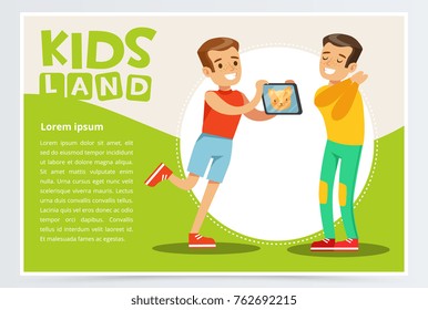 Teenager showing cat s muzzle on tablet screen to another boy. Educational center concept. Card or promo poster with flat characters. Vector