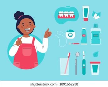 Teenager showing her smile with dental braces. Trendy girl with various accessories for daily dental care. Toothbrush, dental floss, mouthwash, braces, chewing gum. Vector cartoon illustration.