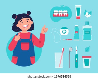 Teenager showing her smile with dental braces. Trendy girl with various accessories for daily dental care. Toothbrush, dental floss, mouthwash, braces, chewing gum. Vector cartoon illustration.