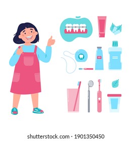 Teenager showing her smile with dental braces. Trendy girl with various accessories for daily dental care. Toothbrush, dental floss, mouthwash, braces, chewing gum. Vector cartoon illustration.