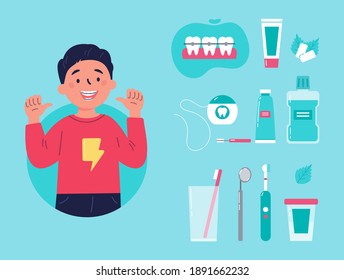 Teenager showing his smile with dental braces. Trendy boy with various accessories for daily dental care. Toothbrush, dental floss, mouthwash, braces, chewing gum. Vector cartoon illustration.