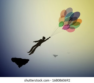 teenager silhouette holds the baloons and flying up to the sky, strong wind story, dreamer concept, scene in  dreamland, shadow story vector concept.