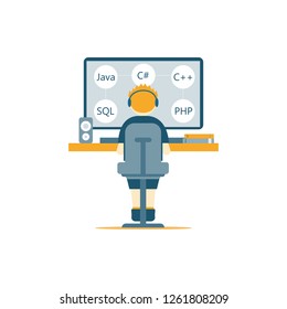 The teenager sits at the table and studies programming. On the table are a computer, books on programming, speaker. Flat style. Vector illustration.