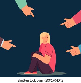 Teenager sitting in center surrounded by hands pointing index fingers at her. Sad kid feeling judged flat vector illustration. Public opinion concept for banner, website design or landing web page