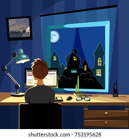 the teenager sitting at the computer table