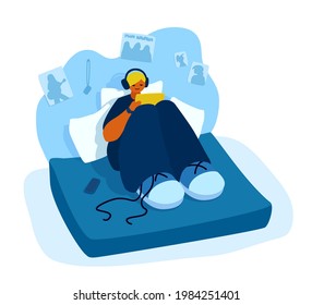 A Teenager Sitting On A Bed In His Room. A Teenage Boy Browsing A Tablet Computer. A Teen In A Bedroom. A Vector Cartoon Illustration.