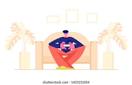 Teenager Sitting on Couch with Joystick in Hands Playing Computer Games on Gaming Console. Leisure, Addiction, Spare Time, Virtual Reality, Teen Free Time Cartoon Flat Vector Illustration