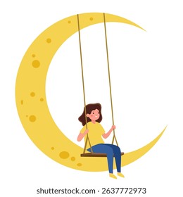 teenager sitting on a swing suspended from the crescent and swings	