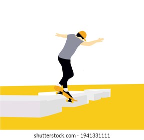 Teenager skateboarder does an ollie trick. Guys in casual clothes skateboarding and showing exciting tricks flat style design. City landscape on background. Extreme sport concept