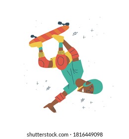 Teenager skateboarding boy. Colorful illustration of male Black skater. Isolated on white background.