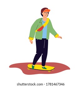 Teenager skateboarding - colorful flat design style illustration on white background. High quality composition with a cute boy on a skateboard. Active lifestyle, sport concept