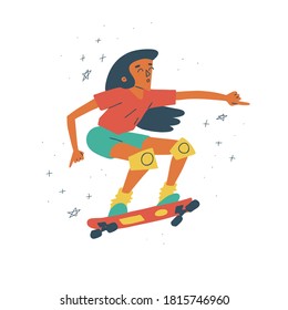 Teenager skateboarding girl. Colorful illustration of female latin skater. Isolated on white background.