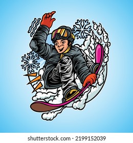 teenager skateboarding on snow field wearing winter jacket.