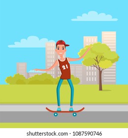 Teenager skateboarding vector illustration of young man on skate, skateboarder in t-shirt and jeans in green park on background of skyscraper buildings