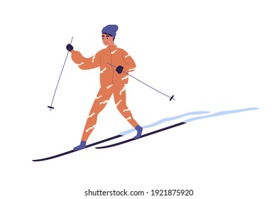 Teenager skiing on snowy track. Skier with poles sliding on snow. Winter activity. Colored flat vector illustration of person doing sports in wintertime