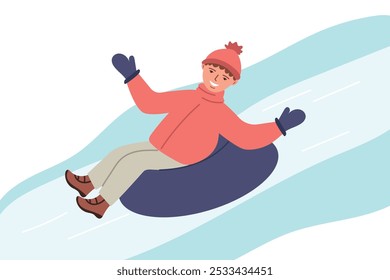 Teenager sliding down snowy slope on inflatable sled. Happy young guy leads active lifestyle in winter season, during vacation or holidays. Vector illustration of winter activities