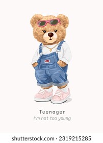 teenager slogan with cute bear doll in overall denim vector illustration