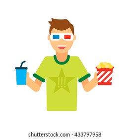 Teenager smiling at the 3d glasses with popcorn and soda. Flat vector illustration for web isolation on a white background.