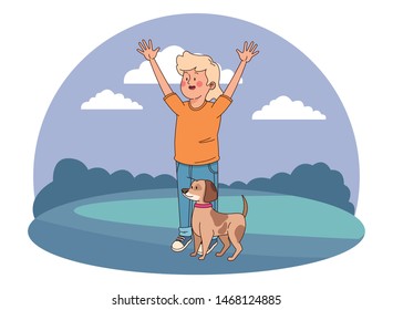 Teenager smiling and walking the dog cartoon in the park, outdoors scenery background vector illustration graphic design.
