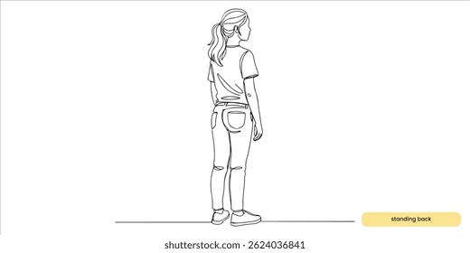 Teenager standing back view and looking away continuous single line art drawing sketch on white background