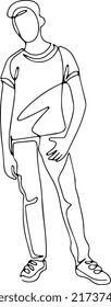 The teenager is standing in front of the camera. One line vector illustration.