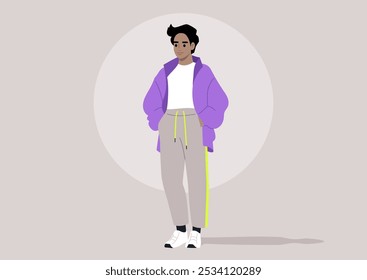 The teenager stands confidently, wearing a trendy sports outfit that blends comfort and style, reflecting an active lifestyle amidst a serene background