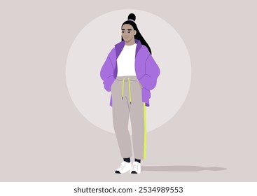 The teenager stands confidently, wearing a trendy sports outfit that blends comfort and style, reflecting an active lifestyle amidst a serene background