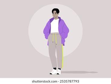 The teenager stands confidently, wearing a trendy sports outfit that blends comfort and style, reflecting an active lifestyle amidst a serene background