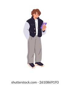 Teenager stands, holds mobile phone in hand. Teen boy communicates online, chats by smartphone. Young man scrolls news feed, surfing internet by telephone. Flat isolated vector illustration on white
