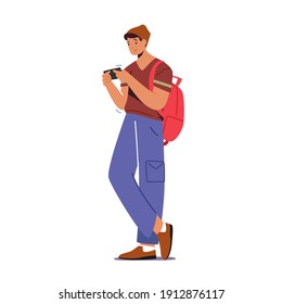 Teenager Student Male Character Looking on Screen of Smartphone Gaming or Writing Messages on Mobile Phone in Internet. Gadget Addiction, Cellphone Communication Concept. Cartoon Vector Illustration