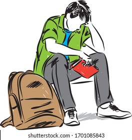 TEENAGER STUDENT SAD SITTING DOWN WITH BOOK VECTOR ILLUSTRATION